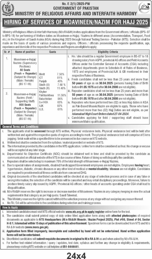 Ministry of Religious Affairs Jobs announcement for Hajj 2025 positions.