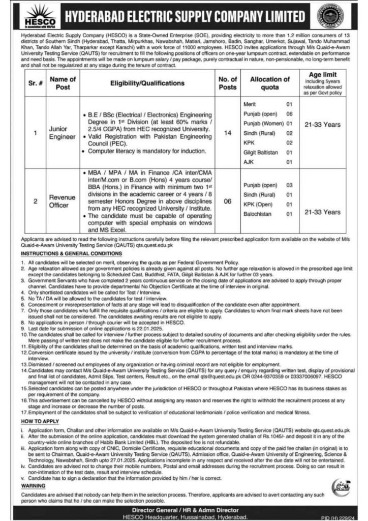 HESCO Jobs 2025 Official Advertisement for Junior Engineer and Revenue Officer