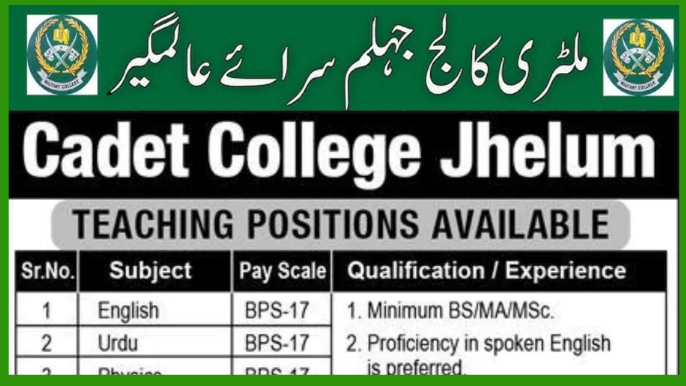Apply for Cadet College Jhelum Teaching Staff Positions