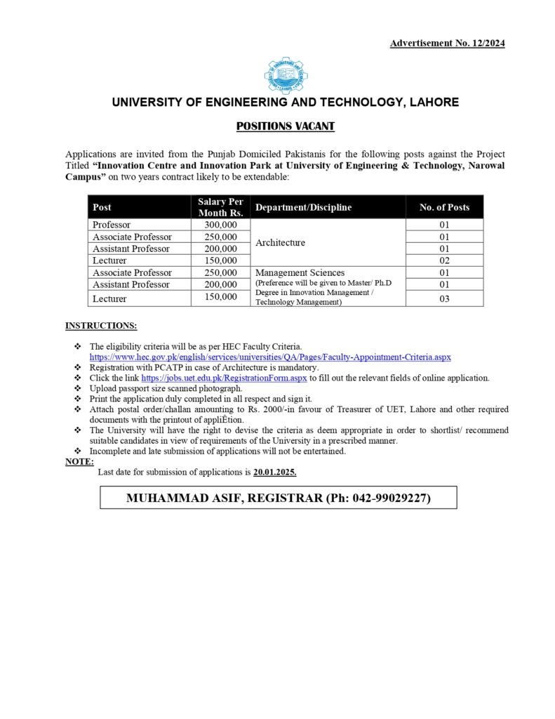 UET Lahore Jobs 2025