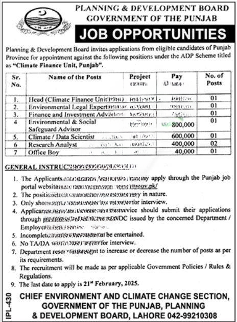 Official job advertisement for Planning and Development Department Punjab Jobs 2025.