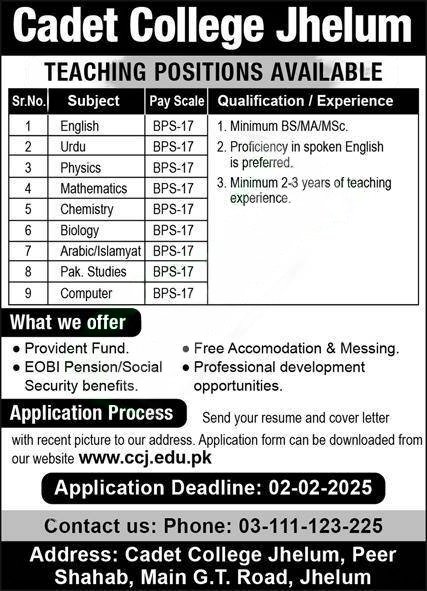 Cadet College Jhelum Jobs 2025