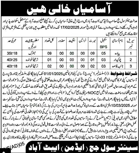 Official Civil Court Abbottabad Jobs 2025 advertisement featuring vacant positions, eligibility, and application deadline.