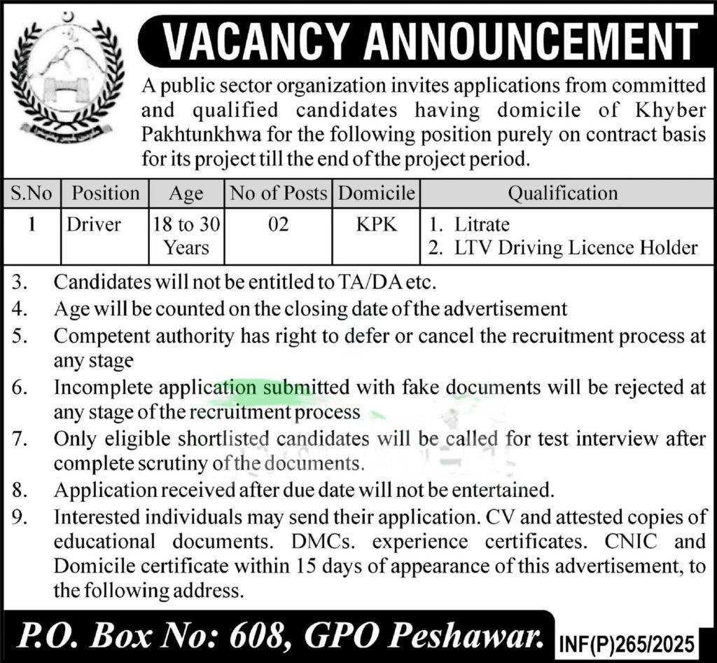 Public Sector Organization KPK Jobs 2025 advertisement