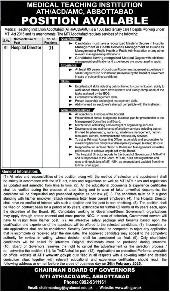 Official advertisement for ATH Abbottabad Jobs 2025 at Ayub Teaching Hospital, featuring job details and application instructions.