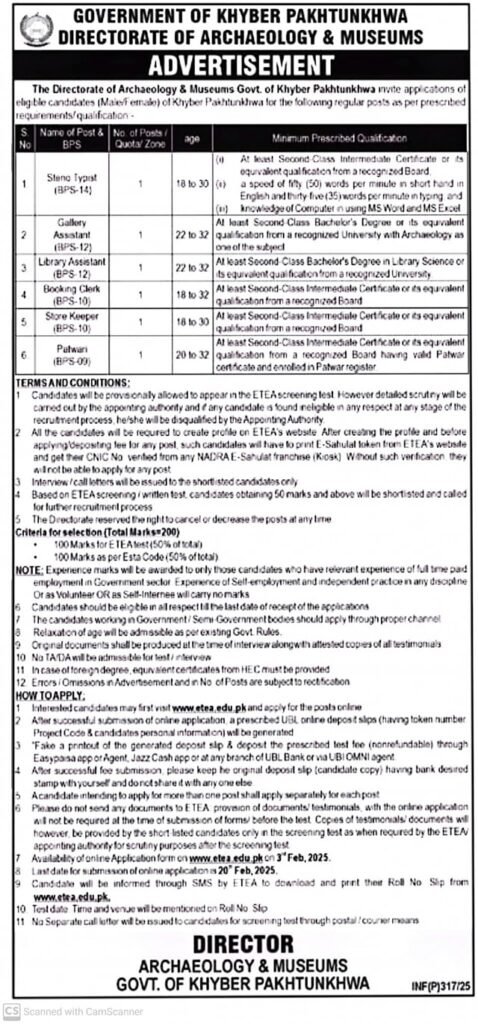 Apply for Archaeology & Museums Department KPK Jobs 2025 via ETEA