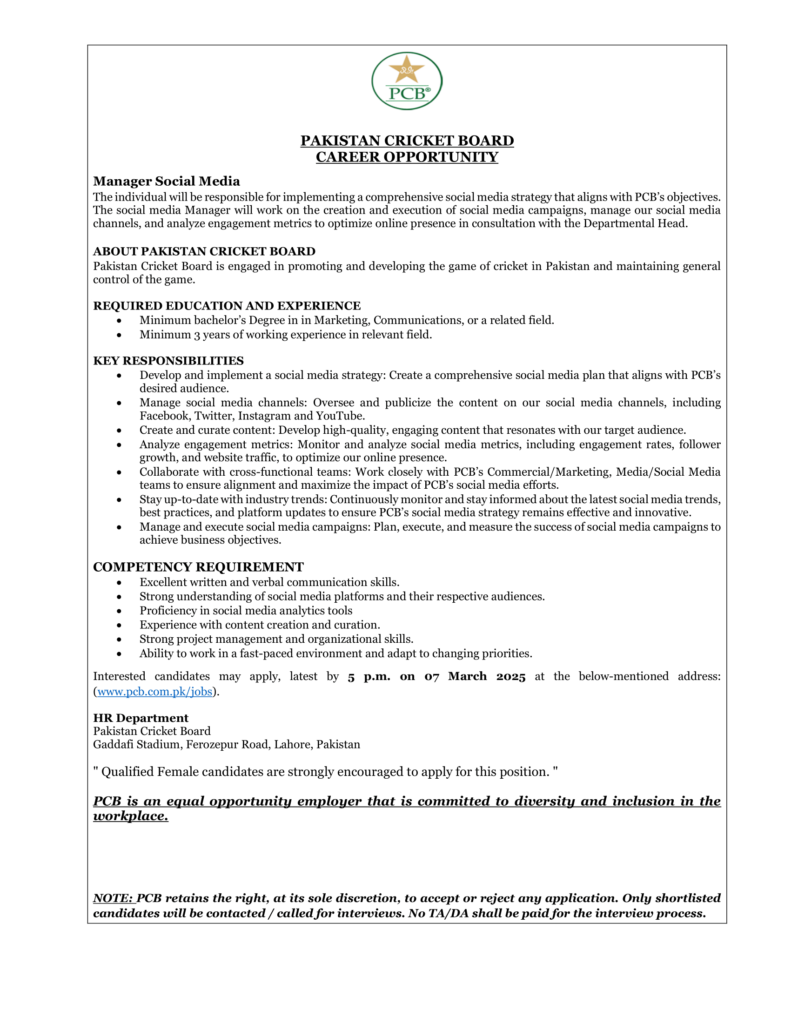 PCB Jobs 2025 - Pakistan Cricket Board hiring in Lahore.