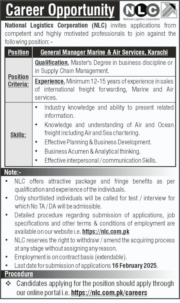 Latest NLC Jobs 2025 advertisement – Apply online for National Logistics Cell careers.
