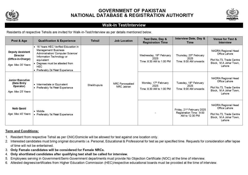 NADRA Regional Head Office Lahore - Test and Interview location for NADRA Jobs 2025.