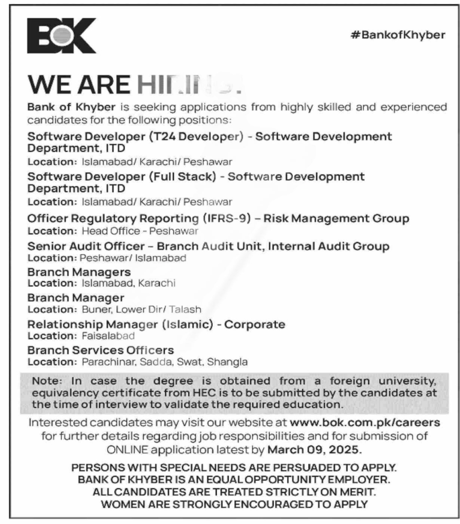 Bank of Khyber Jobs 2025, Apply Online for BOK Jobs