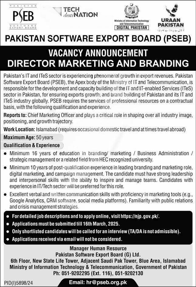 PSEB Jobs 2025 – Director Marketing and Branding Vacancy in Islamabad