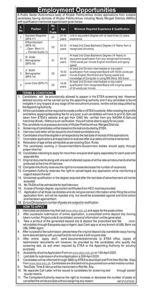 "ETEA Online Apply Portal Screenshot for KPK Jobs 2025"