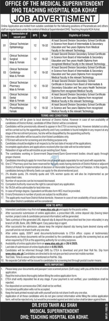Clinical technician applying for DHQ Teaching Hospital Kohat Jobs 2025