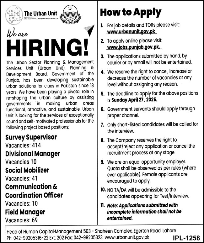 Urban Unit Jobs 2025 advertisement image with last date April 27