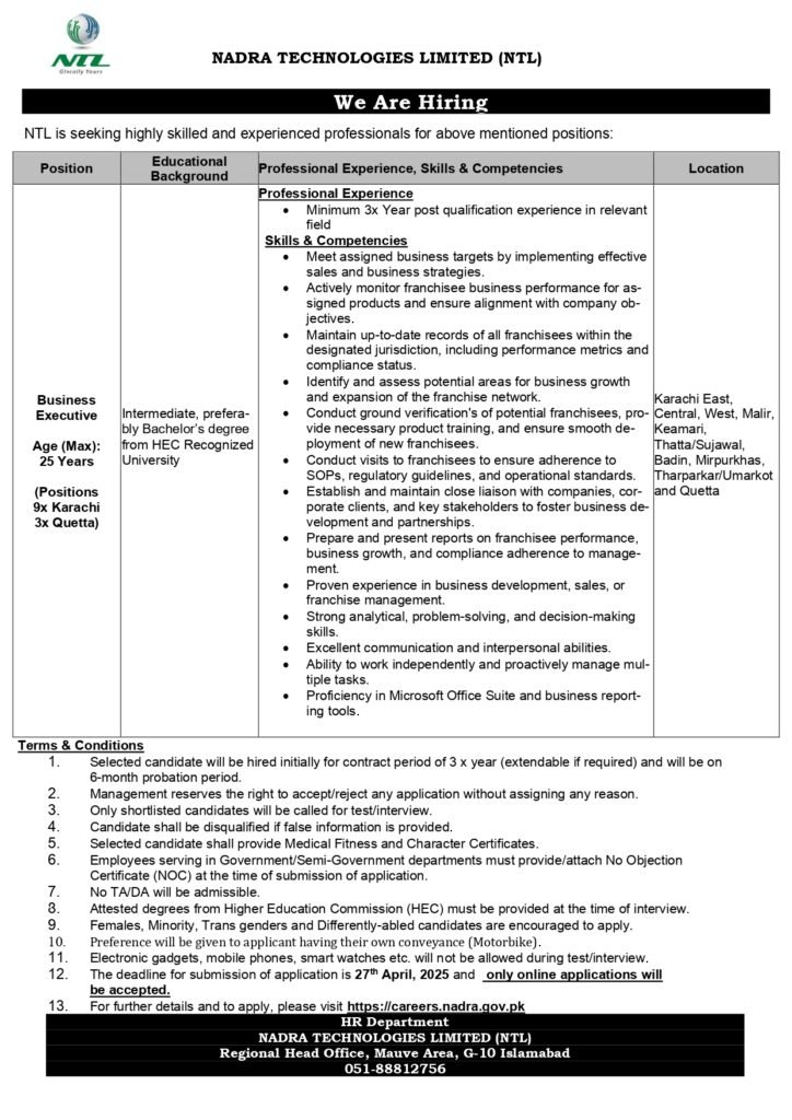 NADRA Technologies Limited NTL Jobs 2025 official advertisement for Business Executive posts.