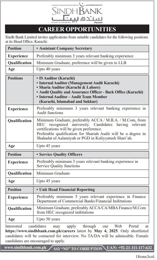 Sindh Bank Jobs 2025 Apply Online Advertisement