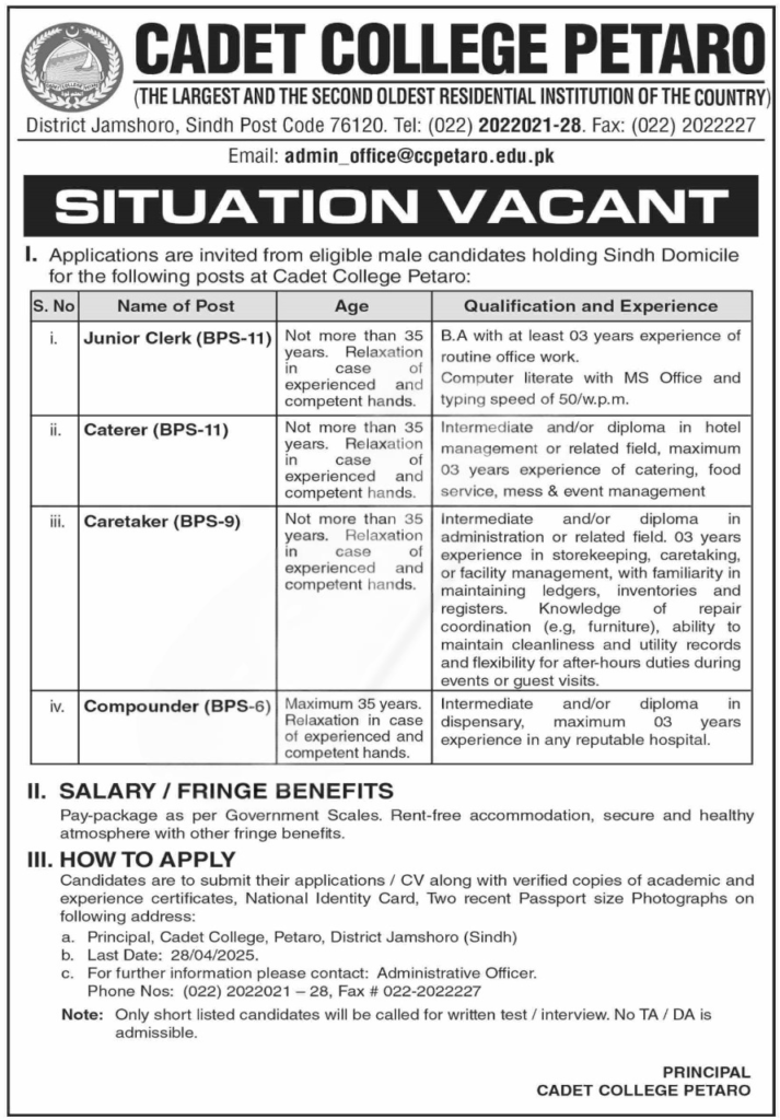 "Cadet College Petaro Jobs 2025 Advertisement"