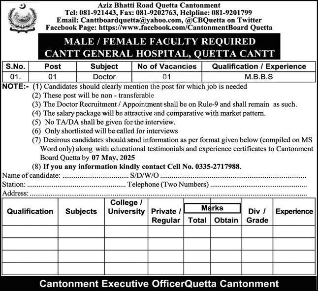 Cantonment Board Quetta Doctor Jobs 2025 advertisement