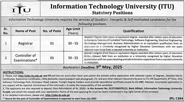 "ITU Jobs 2025 Official Advertisement – Registrar and Controller Positions