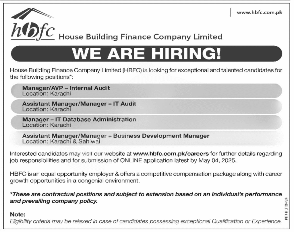HBFC Jobs 2025 – House Building Finance Karachi Vacancies