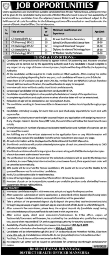 District Health Officer Mansehra Jobs 2025 ETEA Apply Online