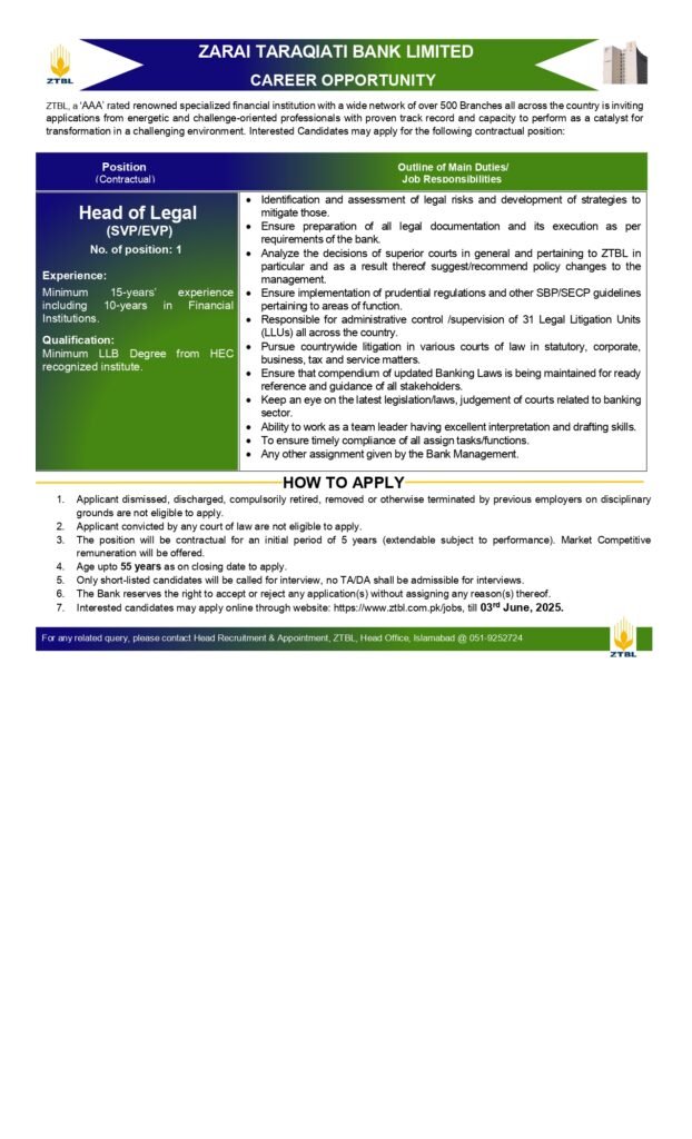 ZTBL Head Office Islamabad Legal Job Advertisement 2025