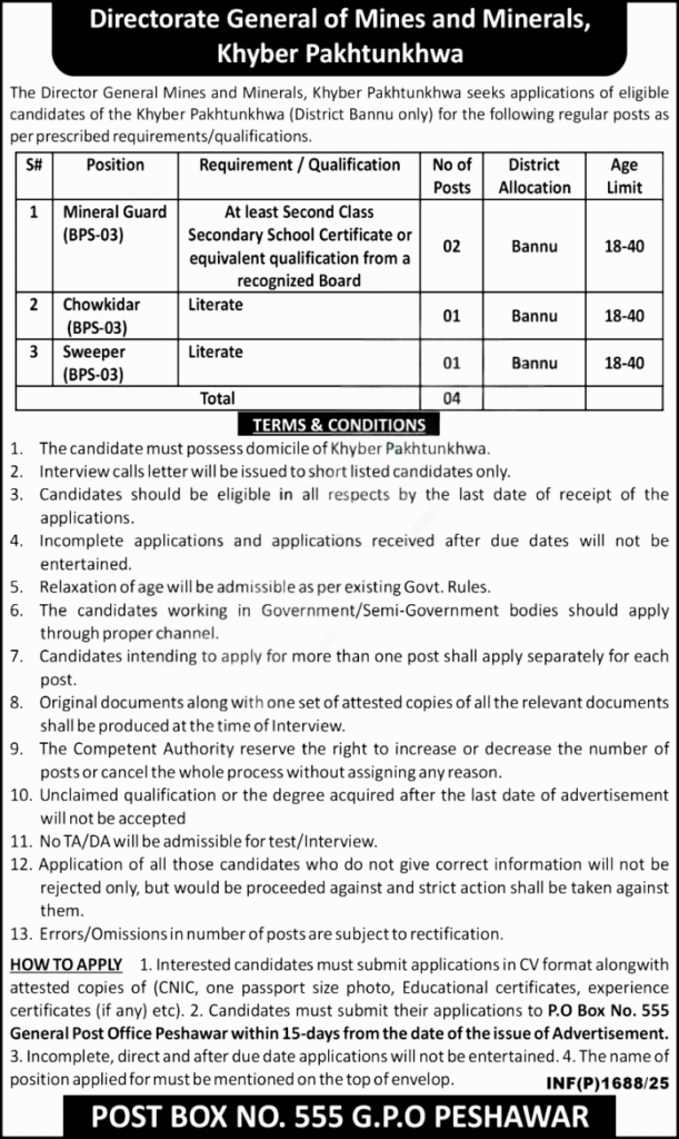 PO Box 555 GPO Peshawar Jobs 2025 Advertisement – Mineral Guard, Chowkidar, Sweeper