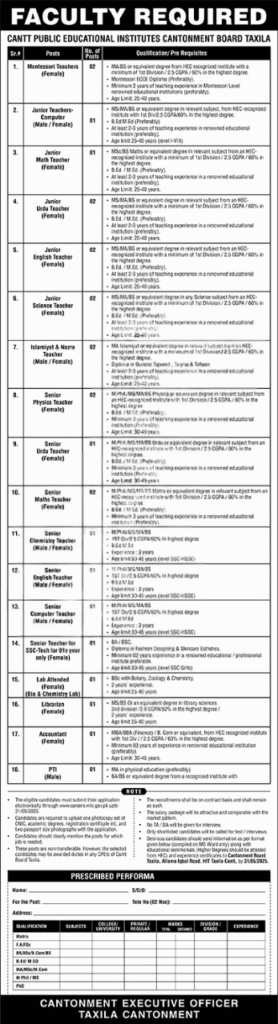 Cantonment Board Taxila Jobs 2025 advertisement for teachers and admin staff