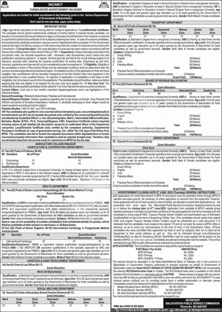 Latest BPSC Jobs 2025 advertisement image with department-wise vacancy details.