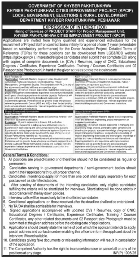 Project Director PMU vacancy in Local Govt & Rural Development Department KPK 2025

