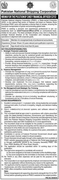 Chief Financial Officer job at PNSC 2025 – Apply Online at www.pnsc.com.pk