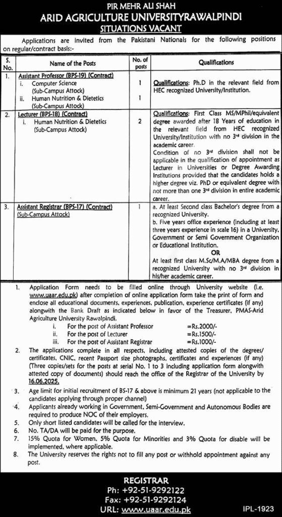 Arid Agriculture University Rawalpindi Jobs 2025 advertisement image with details of vacancies and how to apply.