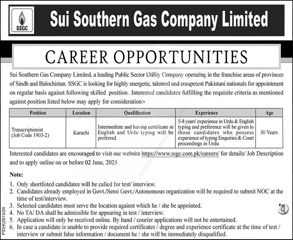 Sui Southern Gas Company SSGC Jobs 2025 Head Office Karachi