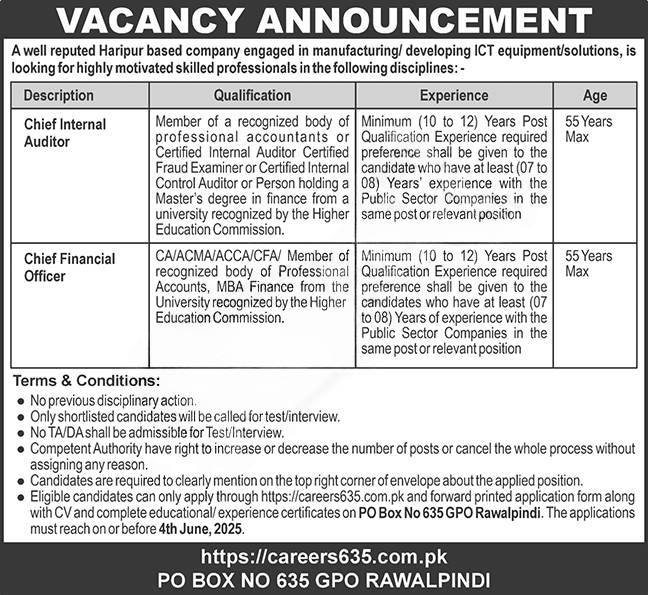 PO Box 635 Rawalpindi Job Advertisement 2025