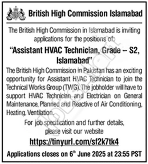 HVAC Technician Vacancy British High Commission 2025