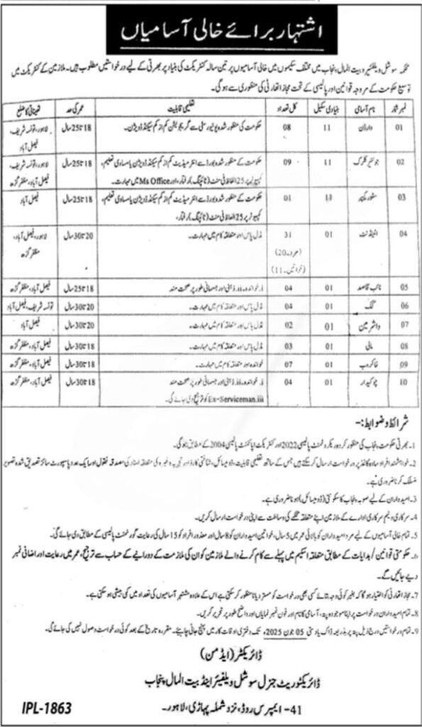 Social Welfare and Bait-Ul-Maal Punjab Jobs Advertisement 2025