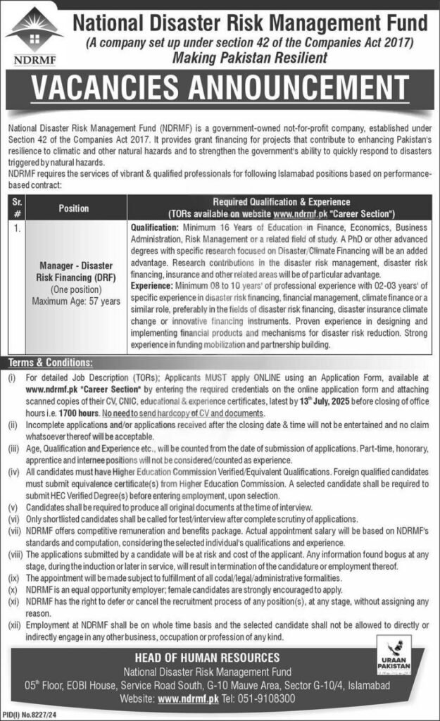  National Disaster Risk Management Fund NDRMF Jobs 2025 Advertisement Islamabad