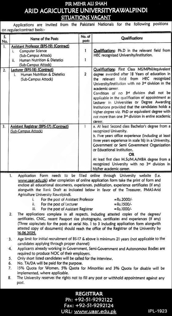 Arid Agriculture University Jobs 2025 advertisement