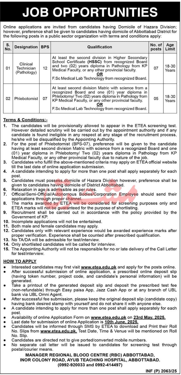 ETEA Jobs 2025 Advertisement - Abbottabad Regional Blood Centre