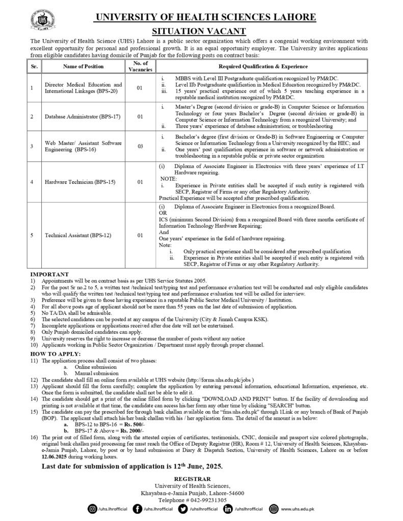 University of Health Sciences Lahore Jobs 2025 Advertisement – Apply Online