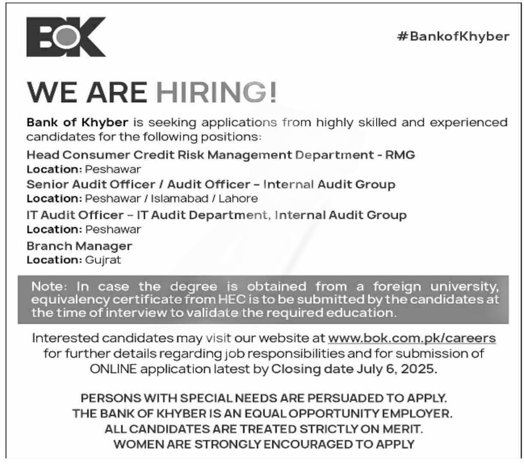 Official BOK Job Ad for Branch Manager, Audit Officer, Head of Risk – Apply Online via bok.com.pk