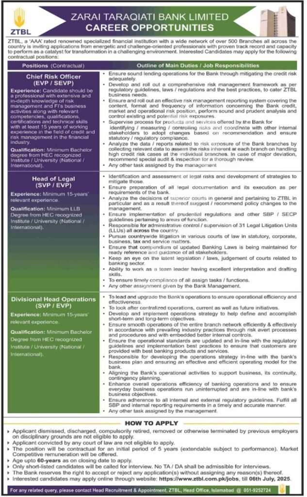 Zarai Taraqiati Bank Limited ZTBL Jobs 2025 Apply Online Advertisement