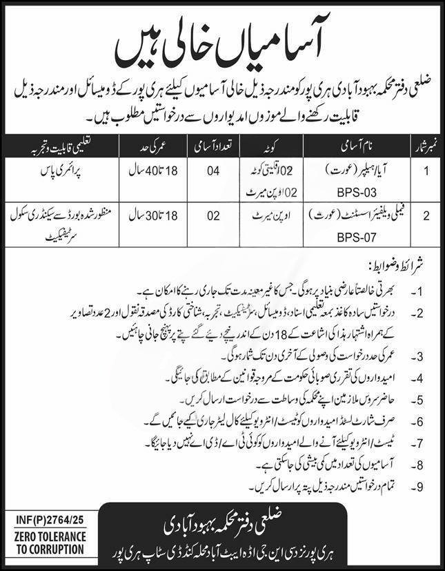 Population Welfare Department Haripur Jobs 2025 Advertisement