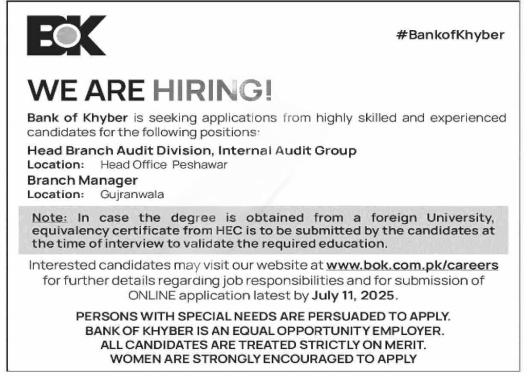 Bank of Khyber Careers 2025 – Branch Manager and Audit Division Jobs