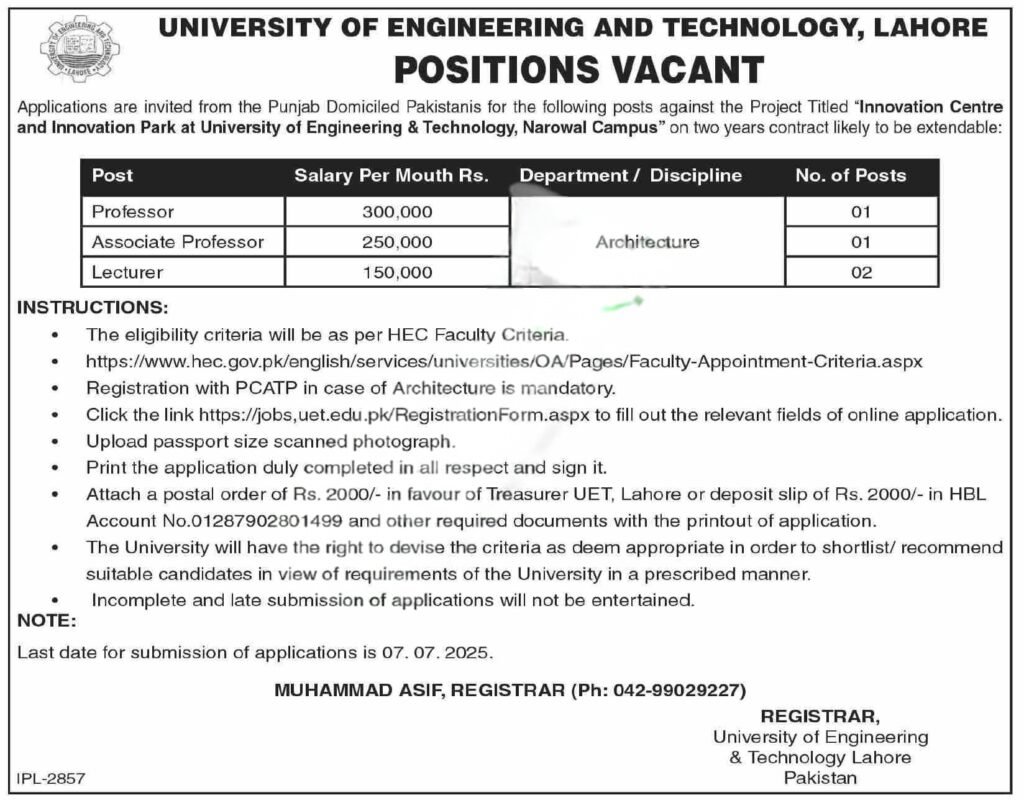 UET Lahore Teaching Jobs 2025 Advertisement