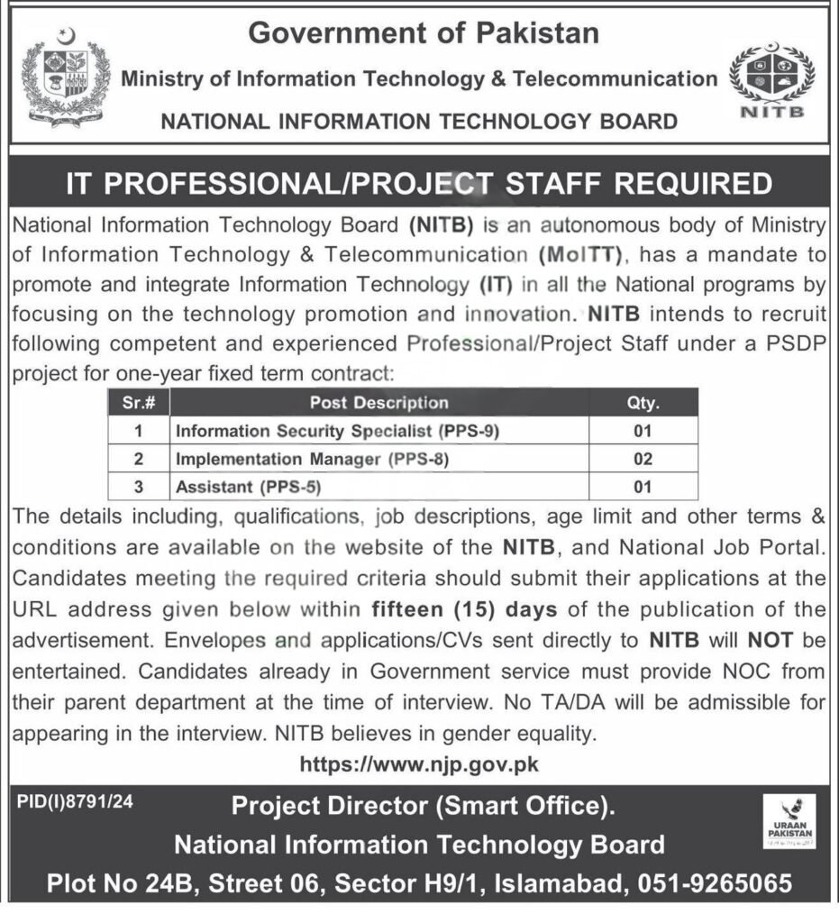 NITB Jobs 2025 Advertisement – Ministry of IT Pakistan