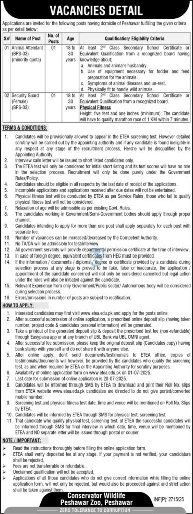 Peshawar Zoo Jobs 2025 Animal Attendant & Security Guard Online Apply