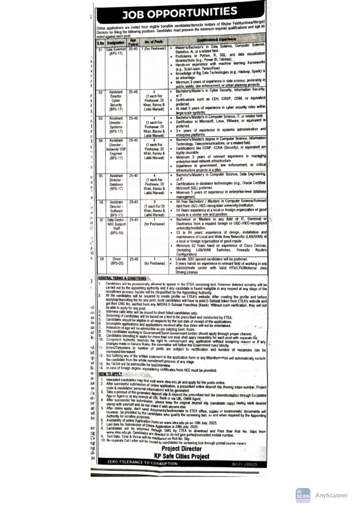 KP Safe Cities Project Jobs 2025 – Apply Online via ETEA for BPS-05 to BPS-17 IT & Support Roles