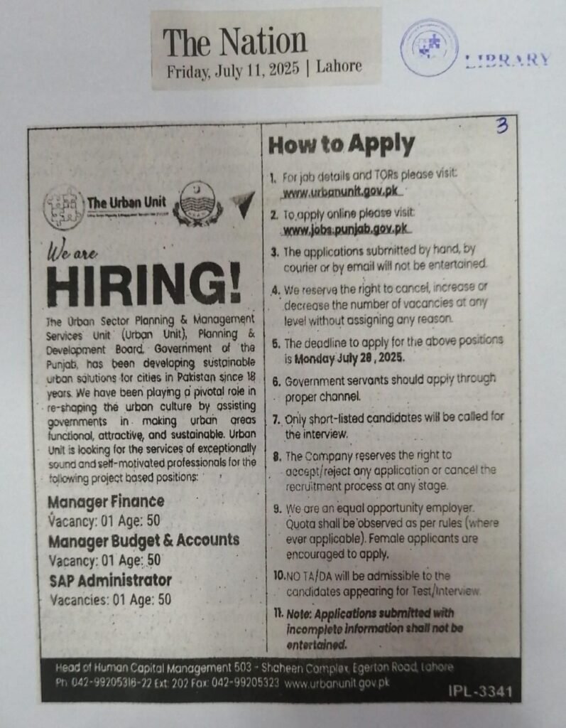 Urban Unit Jobs 2025 – Apply Online for Manager Finance, Budget & SAP Administrator Roles in Lahore