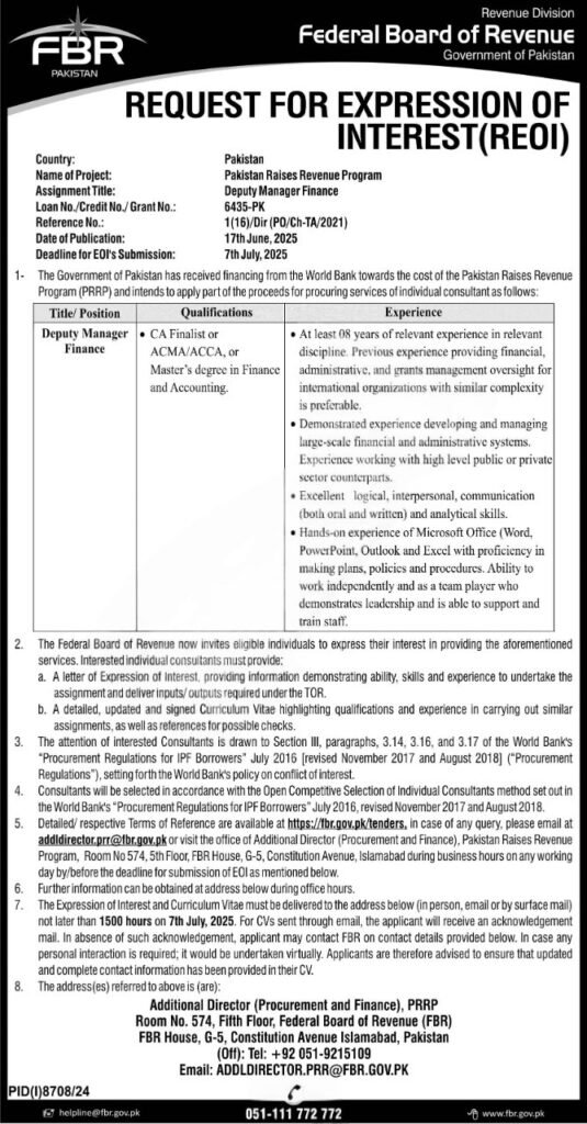 FBR Jobs 2025 Online Application Advertisement for Deputy Manager Finance